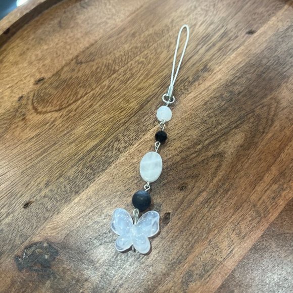 Black & White Beaded Dangle w/ Butterfly Phone Charm | Handmade - Picture 1 of 3